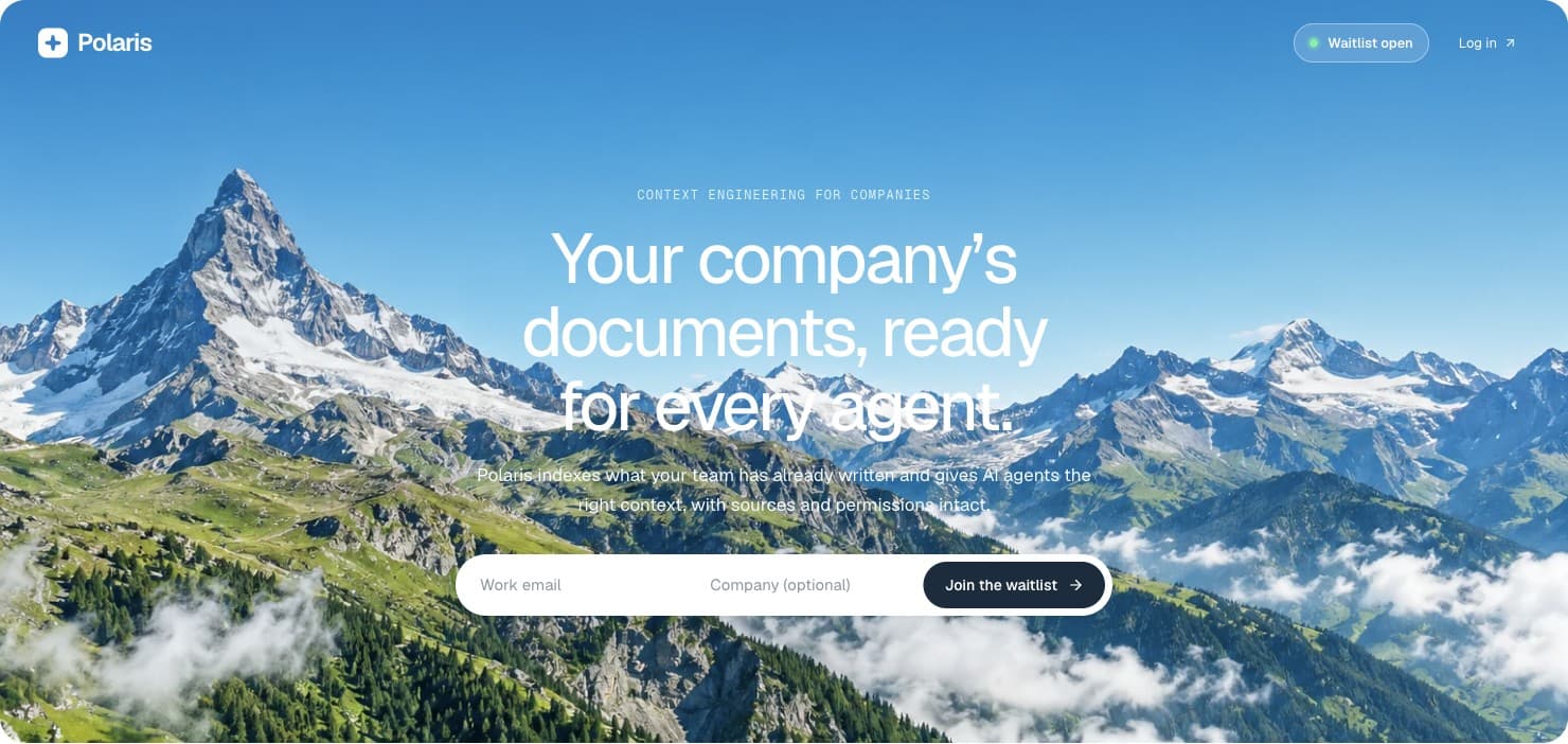 Polaris: your company’s documents, ready for every agent, above an Alpine mountain landscape
