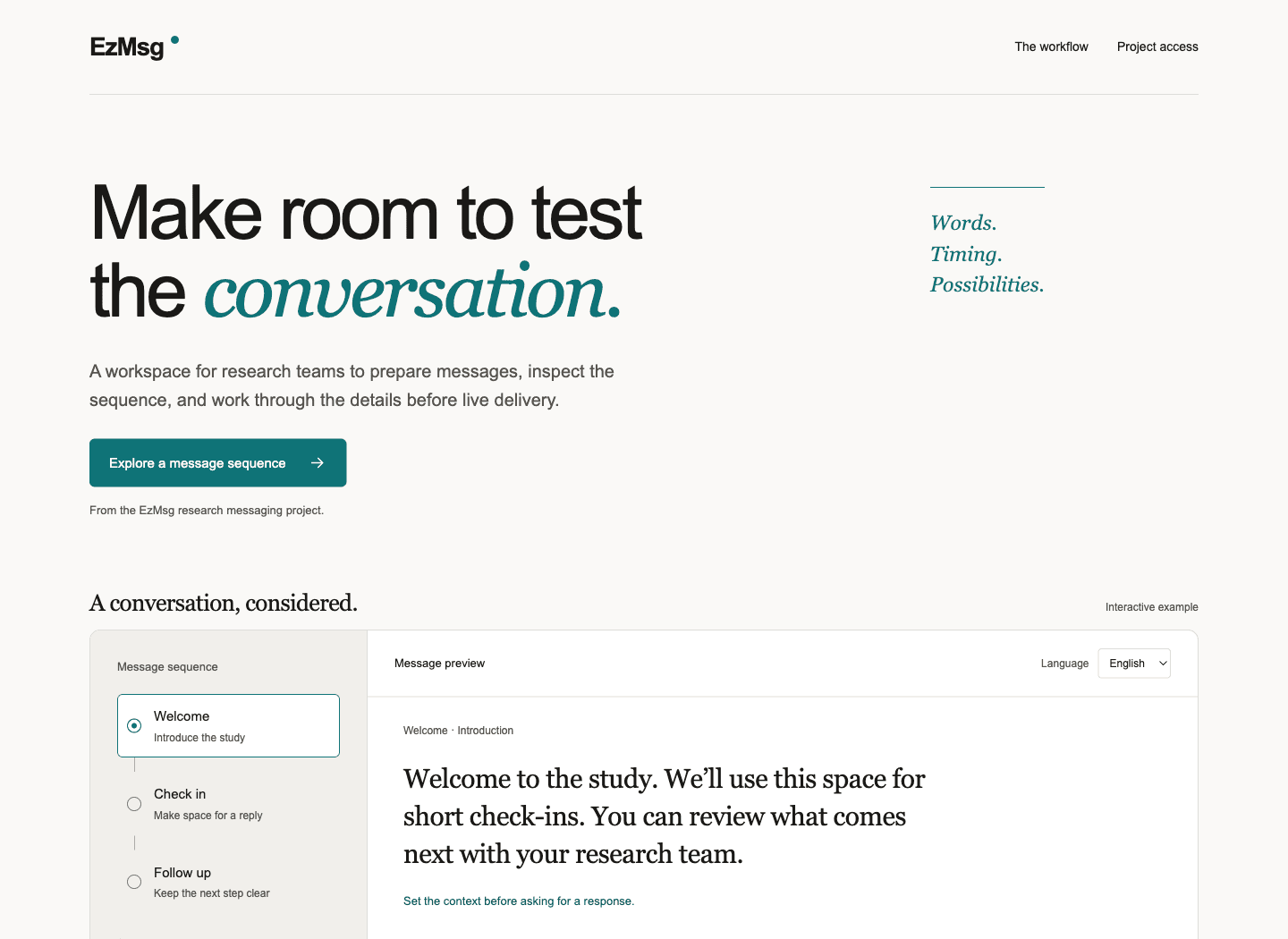Public EzMsg introduction page with an illustrative message sequence, not the research application